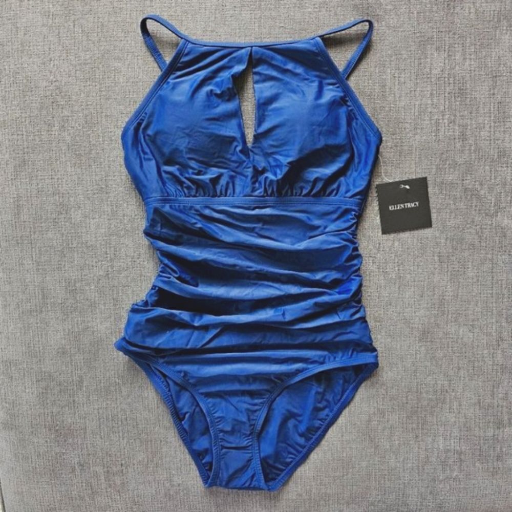 Ellen Tracy Navy Over the shoulder Keyhole High Neck One Piece Swimsuit Size 12